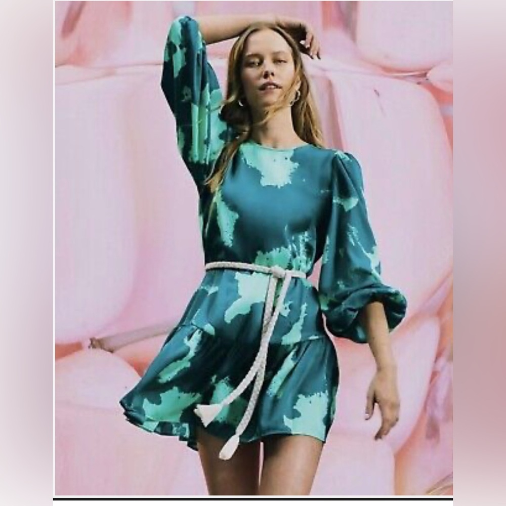 Alexis Blue Sundress with Bishop Sleeves and Crew Neck